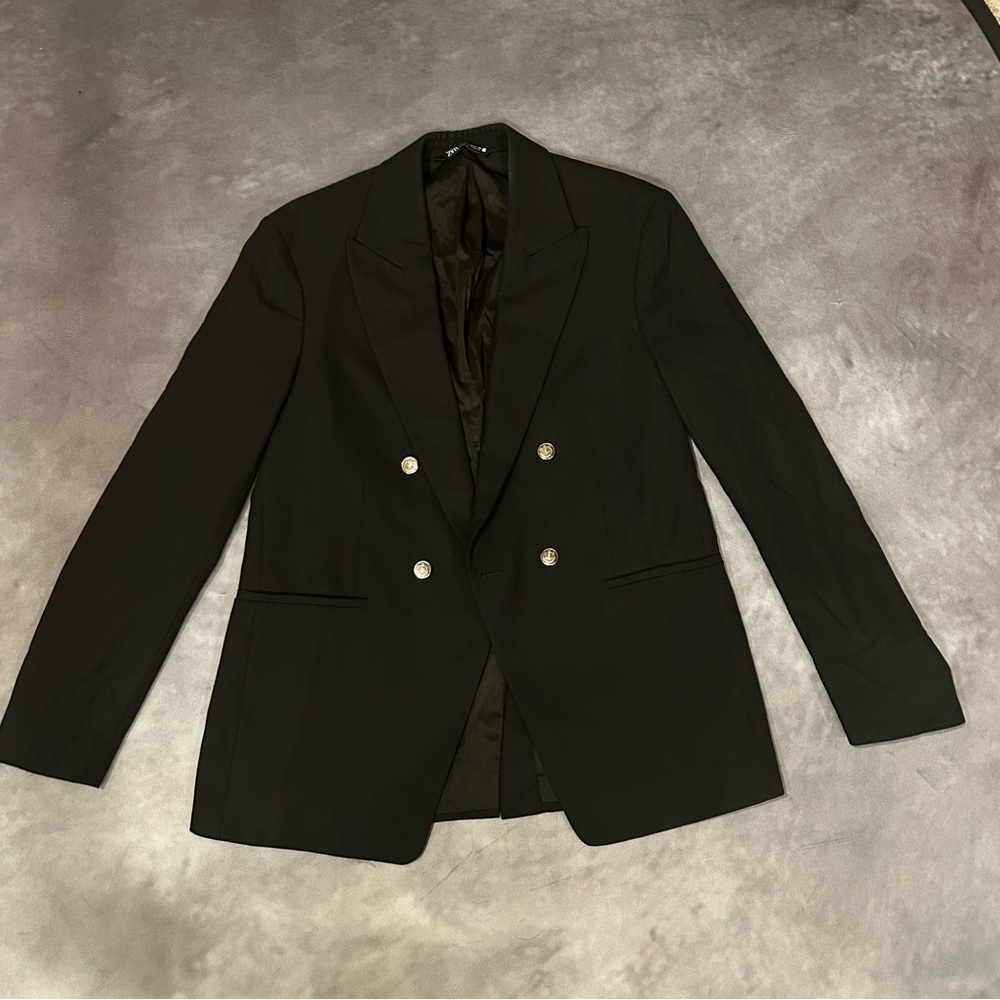Zara Black Double-Breasted Blazer with Silver Buttons Size 38